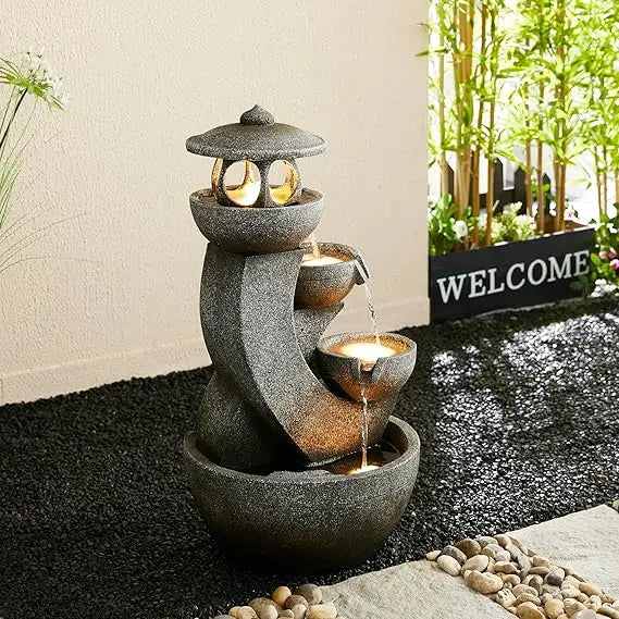 2-Tier Stone Like Outdoor Water Fountain with Birds, Bird Bath Outdoor Waterfall Fountain Decor, Freestanding Water Fountains w