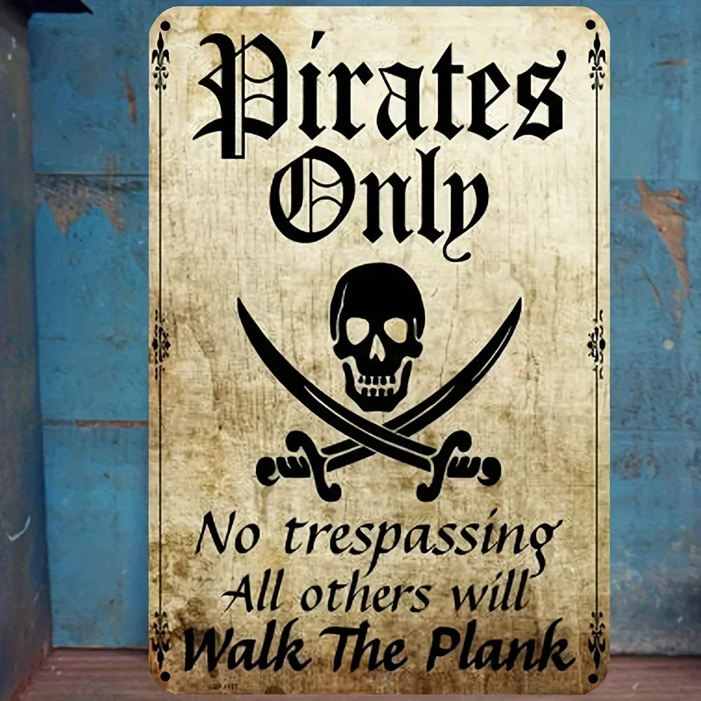 PIRATEDECORCZ Pirate W-Warning Metal Sign - Durable Tin Decor, Ideal Gift for Gardens, Bars & Pirate-Themed Spaces