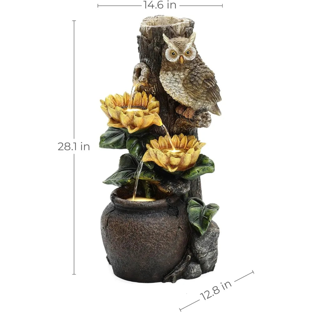 LuxenHome 28 Inch Tall Outdoor Water Fountain, Owl and Sunflower Cascading Waterfall Fountain Outdoor and Indoor with LED Lights