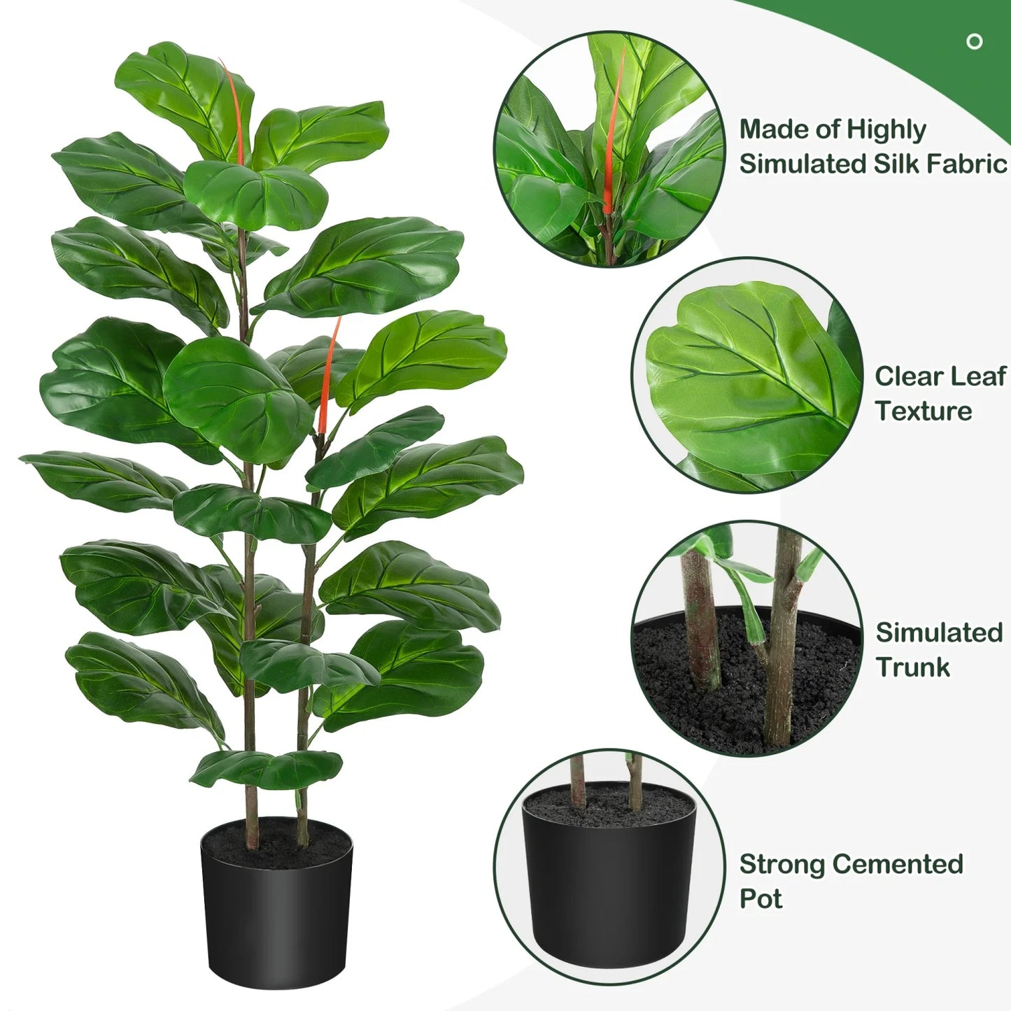 Artificial Fiddle Leaf Fig Tree, 39" Tall, Faux Ficus Faux Plantfor Home Office Living Room Decor