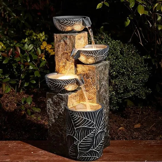 2-Tier Stone Like Outdoor Water Fountain with Birds, Bird Bath Outdoor Waterfall Fountain Decor, Freestanding Water Fountains w