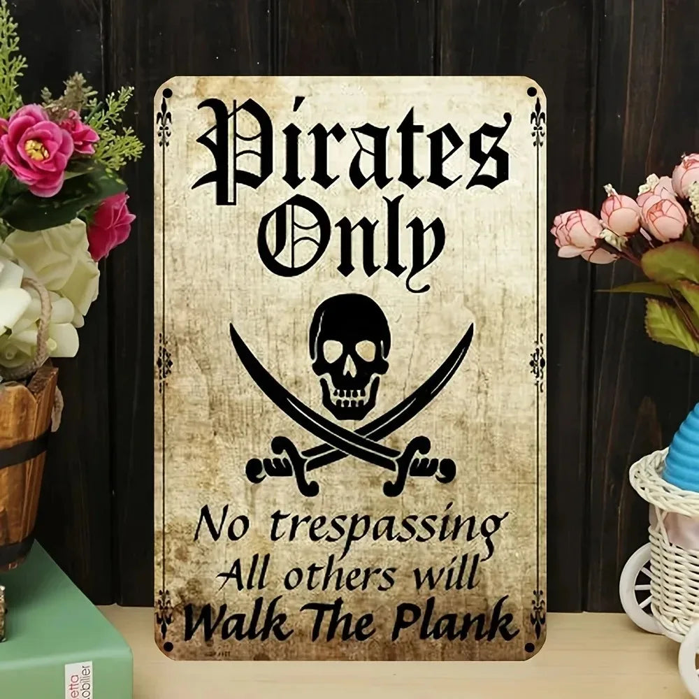 PIRATEDECORCZ Pirate W-Warning Metal Sign - Durable Tin Decor, Ideal Gift for Gardens, Bars & Pirate-Themed Spaces