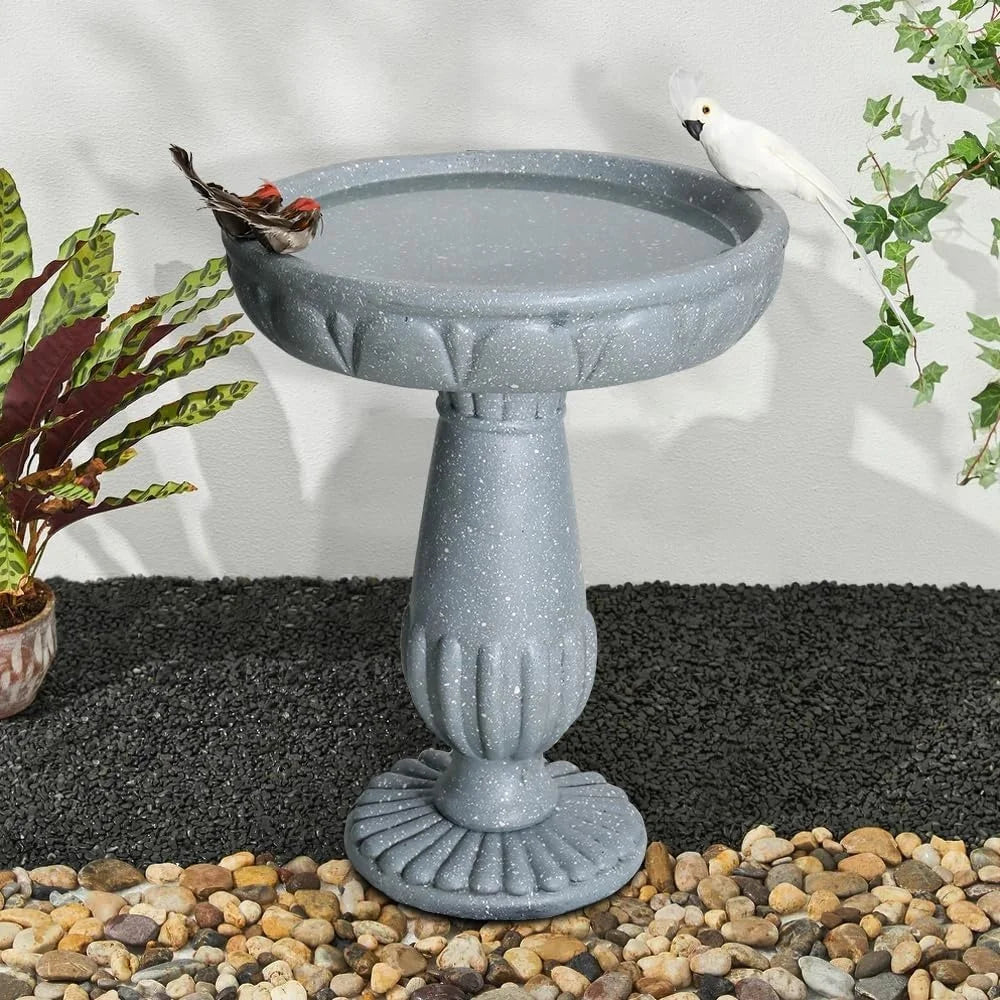 Outdoor Pedestal Bird Bath 21.2 Inch Durable Fiber Reinforced Concrete Stylish Garden Decor Water Source Birds Backyard Lawn
