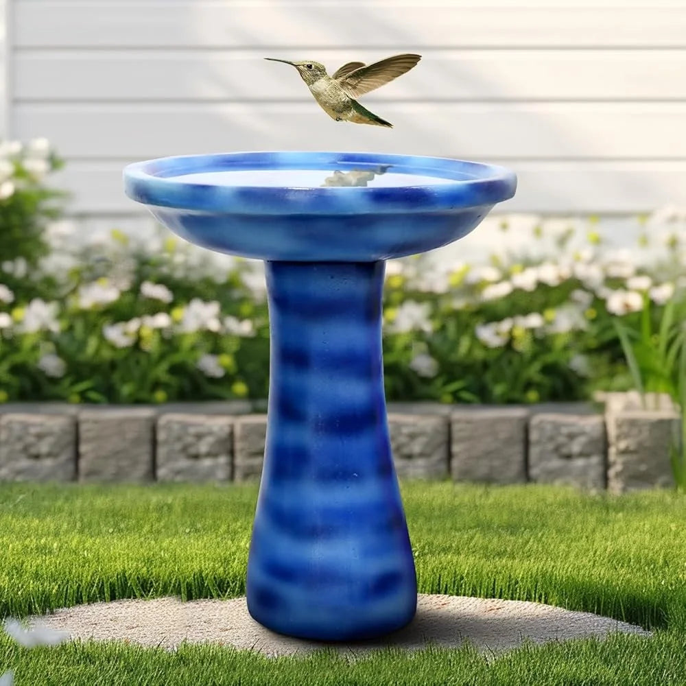 23.6 Inch Concrete Bird Bath Faux Ceramic Finish Outdoor Garden Decor Durable Elegant Design Attracts Birds Weather Resistant