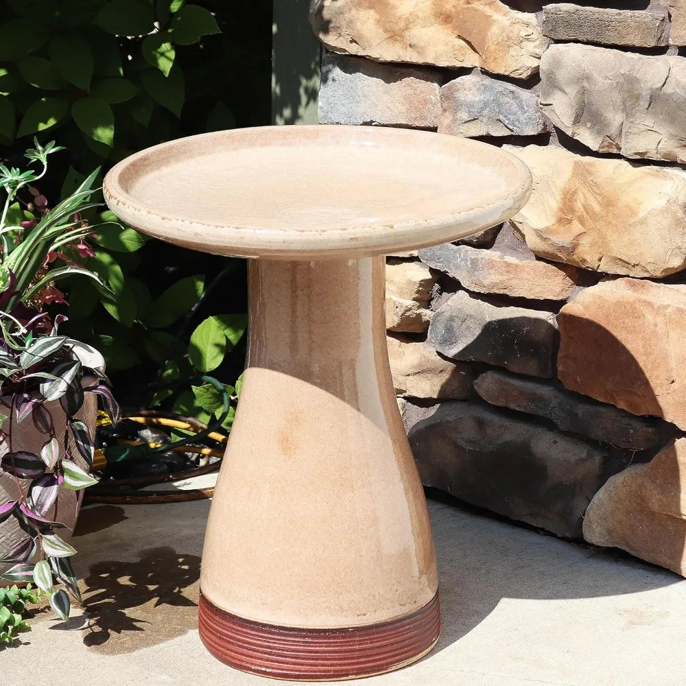 Sunnydaze 21" H Ceramic Bird Bath for Outside - Hand-Painted Outdoor Bird Bath Bowl, UV/Frost-Resistant Finish - Yam - Ribbed Pe