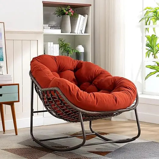Large Indoor Outdoor Rocking Chair, Oversized Rocking Papasan Chair with Thick Cushion and Frame Outdoor Rocker, Comfy Wicker Eg