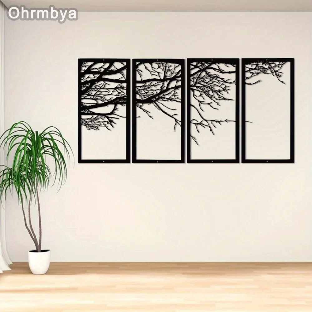 Ohrmbya Metal Wall Art Tree of Life 4 Pieces Tree Sign Interior Decor 4 Panels Wall Hangings Holiday Wall Art Decoration