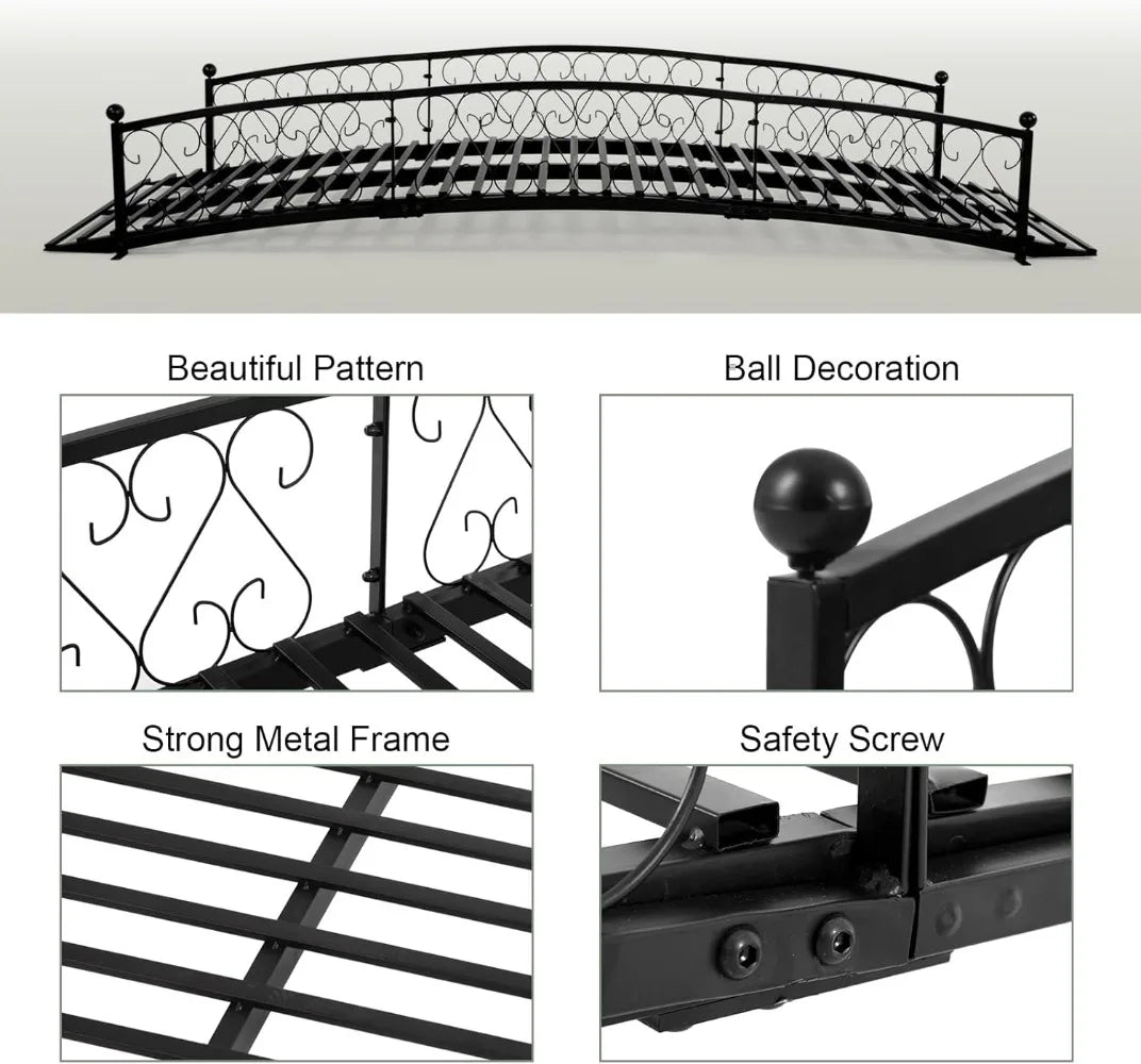 Metal Garden Bridge 8 FT - Durable Decorative Footbridge with Siderails Large Outdoor Bridges