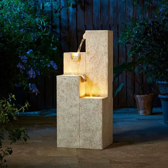 2-Tier Stone Like Outdoor Water Fountain with Birds, Bird Bath Outdoor Waterfall Fountain Decor, Freestanding Water Fountains w