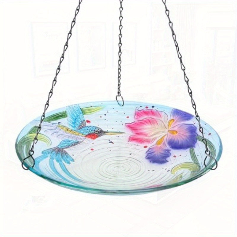 MUMTOP 11 Inch Outdoor Glass Hanging Bird Bath & Feeder Bowl - All-Weather Durable Hummingbird & Floral Design with Rust-Proof Chains, Non-Toxic Easy-Clean Glass, Spherical Shape for Stability - Attracts Hummingbirds & Garden
