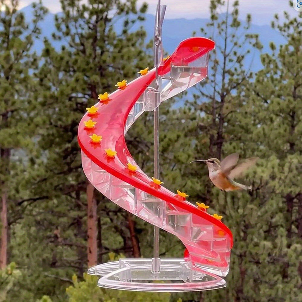 Metal Spiral Ladder Hummingbird Feeder with Red & Golden Flower Design, Multi-Tier Feeding Stations & Easy-Clean Spout - Leak-Proof Hanging Outdoor Bird Feeder for Hummingbirds, No Batteries/Electricity (Durable Metal Constru