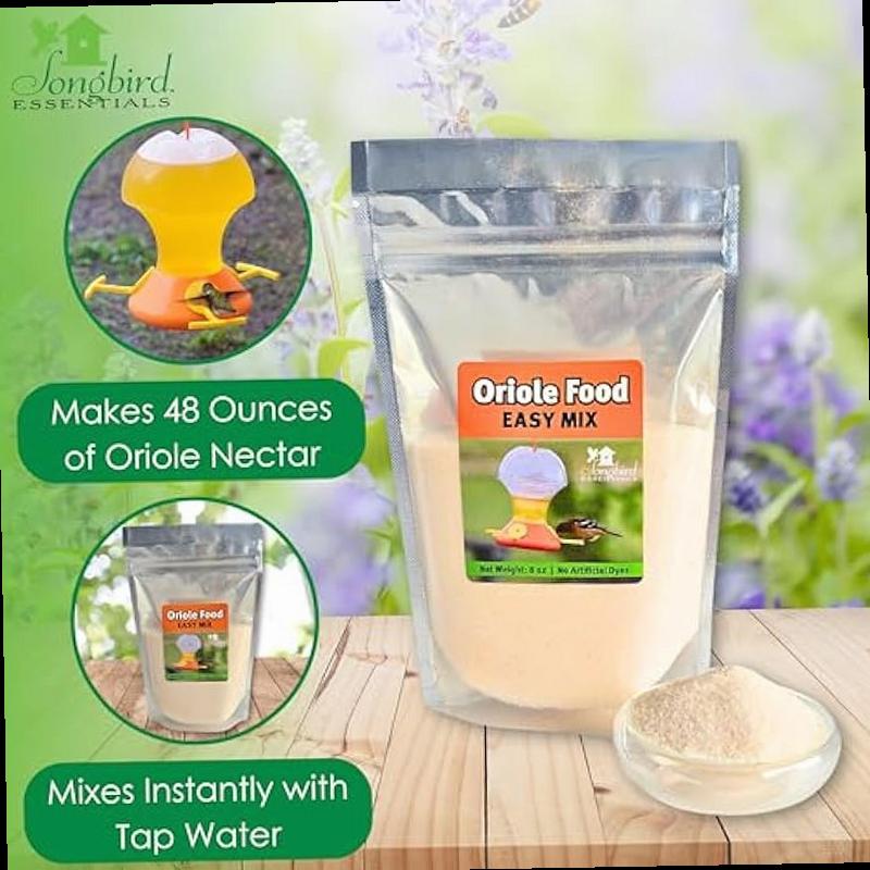 Songbird Essentials Oriole Nectar Mix 8 Ounce Dry Concentrate Makes 48 Ounces Nectar No Boil All Natural No Dyes or Artificial Sweeteners Attracts Orioles and Hummingbirds Pack of 2