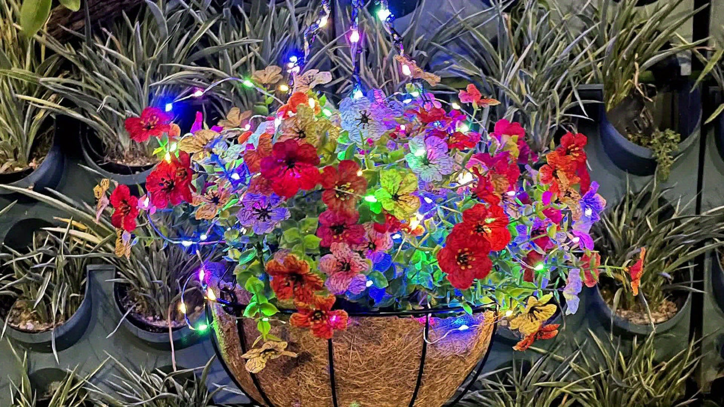 1-Pack Solar-Powered Hanging Lights with Auto On/Off Sensor, Solar Flower Basket Lights with Fake Plants - Outdoor Garden, Patio, Pathway, Lawn Decorations - Solar Lighting for Landscape, No Wiring Needed, Durable Plastic Con