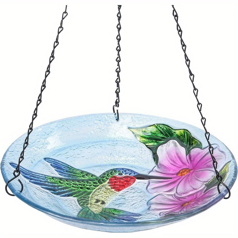MUMTOP 11 Inch Outdoor Glass Hanging Bird Bath & Feeder Bowl - All-Weather Durable Hummingbird & Floral Design with Rust-Proof Chains, Non-Toxic Easy-Clean Glass, Spherical Shape for Stability - Attracts Hummingbirds & Garden