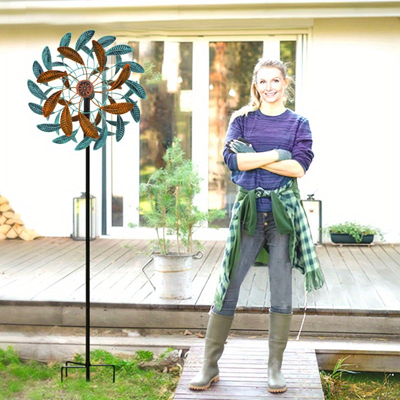 Extra Large Kinetic Wind Spinner - Heavy-Duty Iron Construction, Turquoise & Brown Garden Decor - 360° Rotating Outdoor Yard Art with Sturdy Metal Stake - Large Pinwheel for Patio, Lawn, Farm - Wind-Powered Motion - Spinnin