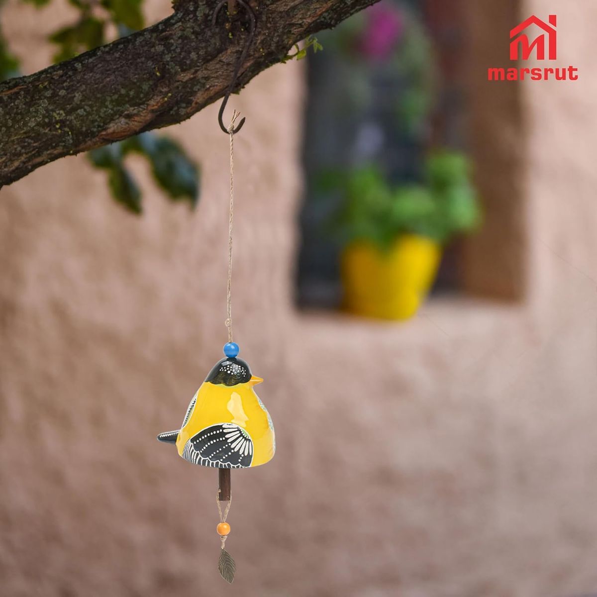 Ceramic Cardinal Bird Wind Chime with Soothing Melodies - Handmade Outdoor/Indoor Hanging Garden Decor, Rustic Yellow & Black Bird with Blue Beads & Leaf, Durable Ceramic, Musical Notes - Perfect for Porch, Backyard, Christma