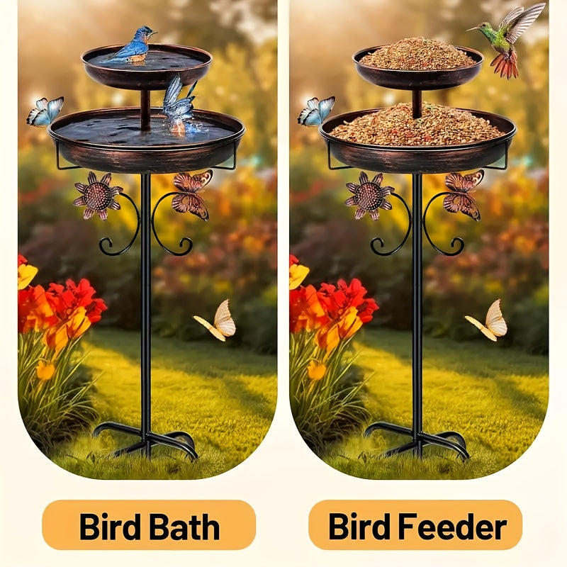 Large Capacity Double Layer Bird Bath Tub - Heavy-Duty Iron Construction, Rust-Proof Outdoor Garden Bird bath with Stable 5-Claw Base, All-Season Decoration for Attracting Birds, Easy to Install & Clean - Ideal for Patio, Yar