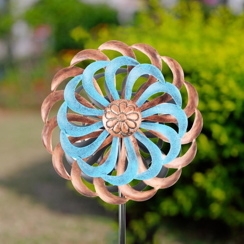 Extra Large 63.4" Metal Wind Spinner with Turquoise & Copper Blades - Elegant Outdoor Yard Decoration, Wind-Powered Motion, Sturdy Garden Stake Base, Durable Metal Construction for Patio, Lawn, Farmhouse, or Modern Home - Lar