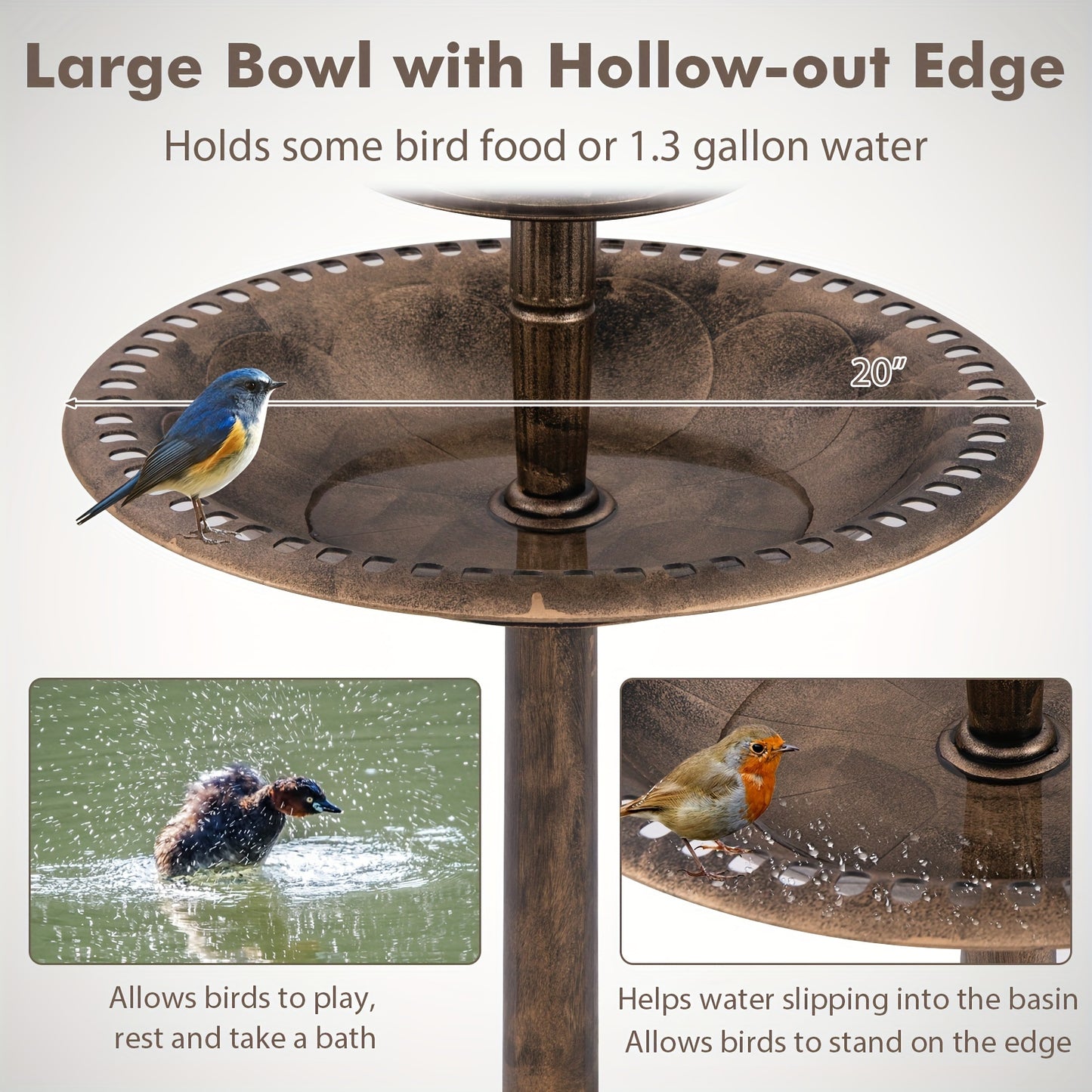 Costway Antique Bronze 3-in-1 Pedestal Bird Bath with Solar Light, Integrated Bird Feeder & Flower Planter, Sturdy PP Material, 20" W x 42" H, Includes Ground Stakes and Solar Panel
