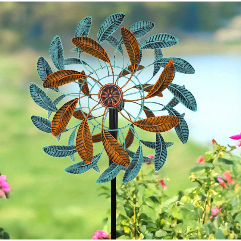 Extra Large Kinetic Wind Spinner - Heavy-Duty Iron Construction, Turquoise & Brown Garden Decor - 360° Rotating Outdoor Yard Art with Sturdy Metal Stake - Large Pinwheel for Patio, Lawn, Farm - Wind-Powered Motion - Spinnin