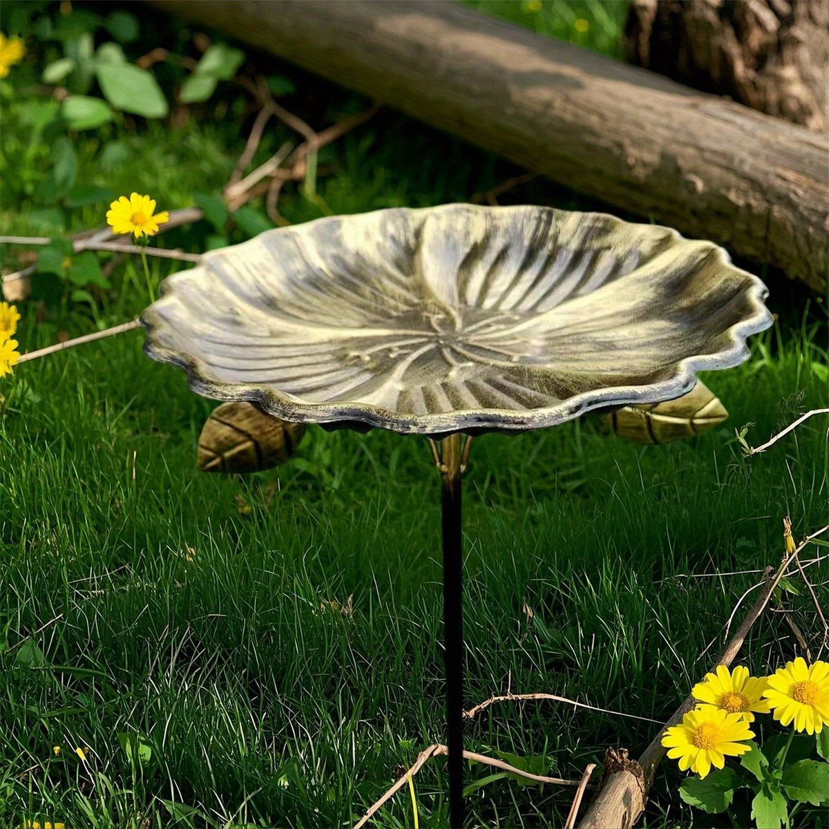 Bird Feeder and Bath Combo Lotus Leaf Shaped Birdbath Feeding Bowl with Stake for Garden, Yard Porch, Without Battery