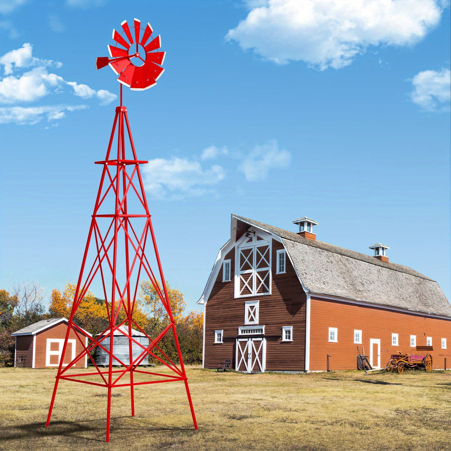 MAXMASS 8 ft Ornamental Windmill, All-Weather Metal Wind Mill w/ 4 Support Legs, Decorative Weathervane for Backyard, Garden, Farm, 4 Ground Stakes Included