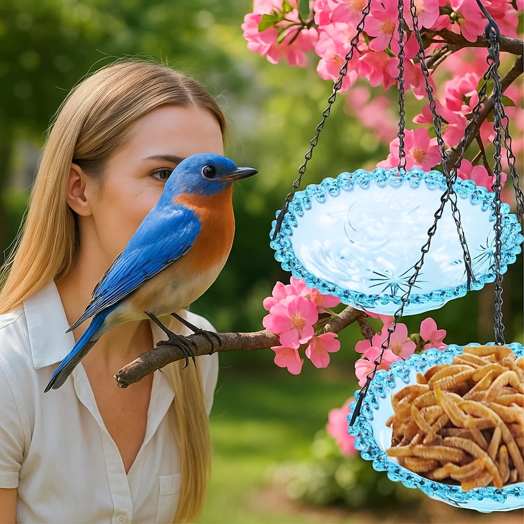 2pcs Blue Plastic Hanging Bird Baths & Feeders - Durable Weather-Resistant Garden, Patio & Backyard Wildlife Decor with Easy-Hang Chains, Attracts Birds & Butterflies, Bird Bath for Outside, Patio Decoration, Decorative Bird