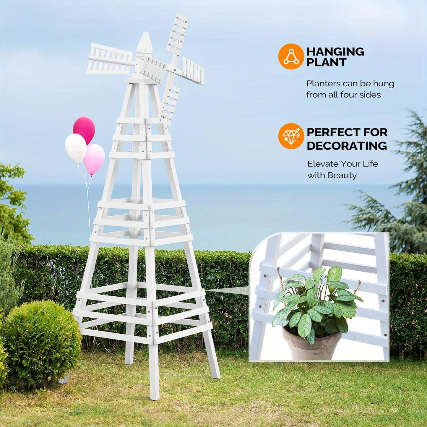 Bonnlo Large White Recycled Wood Wind Spinner - Elegant Outdoor Windmill with White Blades & Black Hub, Sturdy 1.26" Thick Shaft, All-Weather Durable Garden Yard Decoration with Hanging Hooks for Lawn, Patio, Farmhouse - Recy