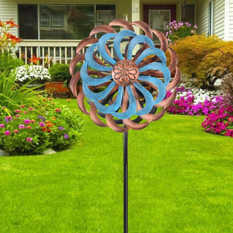 Extra Large 63.4" Metal Wind Spinner with Turquoise & Copper Blades - Elegant Outdoor Yard Decoration, Wind-Powered Motion, Sturdy Garden Stake Base, Durable Metal Construction for Patio, Lawn, Farmhouse, or Modern Home - Lar