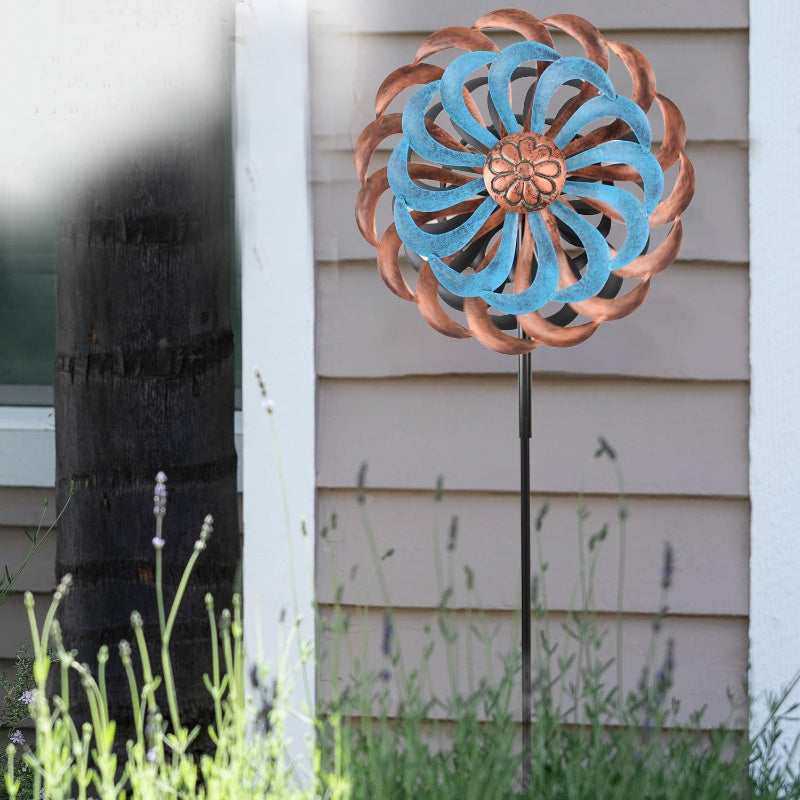 Extra Large 63.4" Metal Wind Spinner with Turquoise & Copper Blades - Elegant Outdoor Yard Decoration, Wind-Powered Motion, Sturdy Garden Stake Base, Durable Metal Construction for Patio, Lawn, Farmhouse, or Modern Home - Lar
