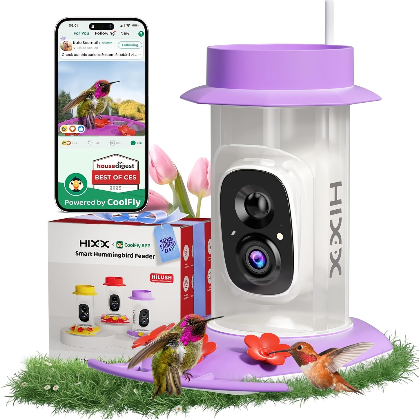 HIXX Smart Hummingbird Feeder with Camera, Hummingbird Feeder Flowers, Outdoor Bird Feeder, Wildlife Observation, Backyard Wildlife, Modern Bird Accessory, Sleek Outdoor Design, Solarpowered Feeder, Durable Plastic, Camera Fe
