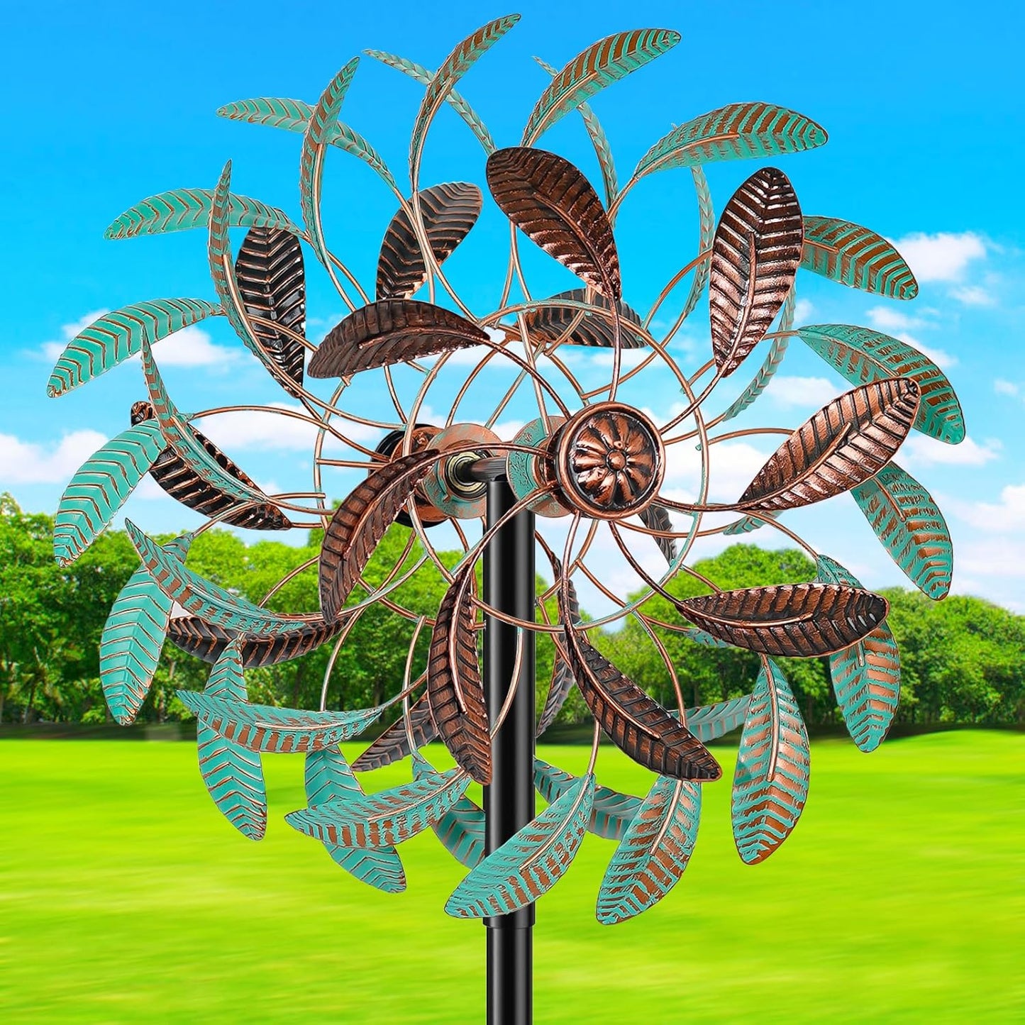 Extra Large Kinetic Wind Spinner - Heavy-Duty Iron Construction, Turquoise & Brown Garden Decor - 360° Rotating Outdoor Yard Art with Sturdy Metal Stake - Large Pinwheel for Patio, Lawn, Farm - Wind-Powered Motion - Spinnin