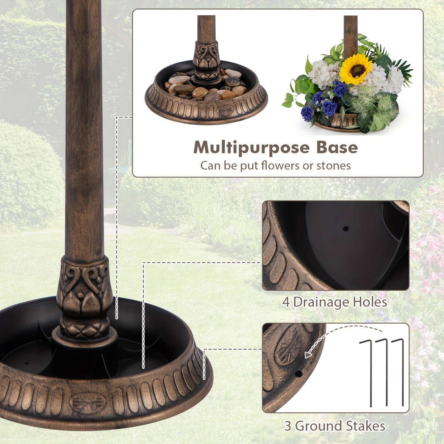 Costway Antique Bronze 3-in-1 Pedestal Bird Bath with Solar Light, Integrated Bird Feeder & Flower Planter, Sturdy PP Material, 20" W x 42" H, Includes Ground Stakes and Solar Panel