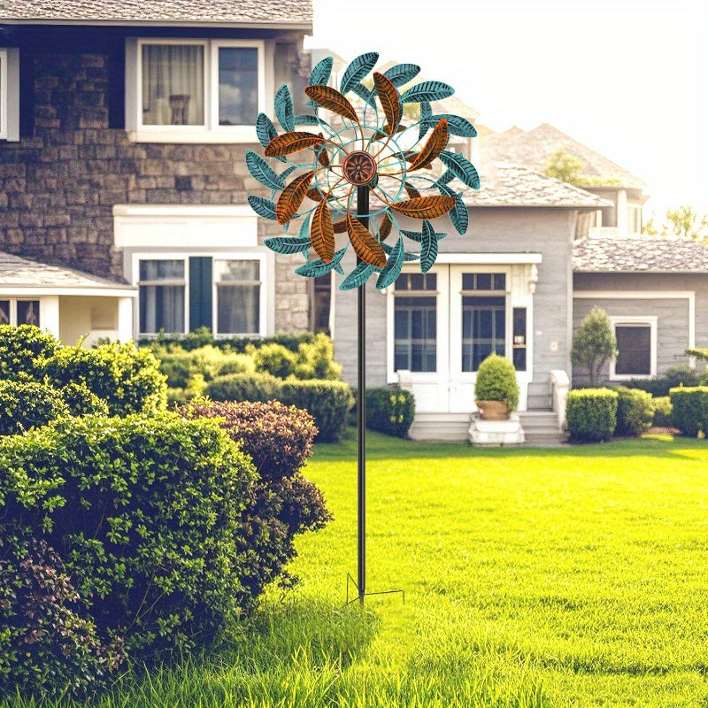 Extra Large Kinetic Wind Spinner - Heavy-Duty Iron Construction, Turquoise & Brown Garden Decor - 360° Rotating Outdoor Yard Art with Sturdy Metal Stake - Large Pinwheel for Patio, Lawn, Farm - Wind-Powered Motion - Spinnin