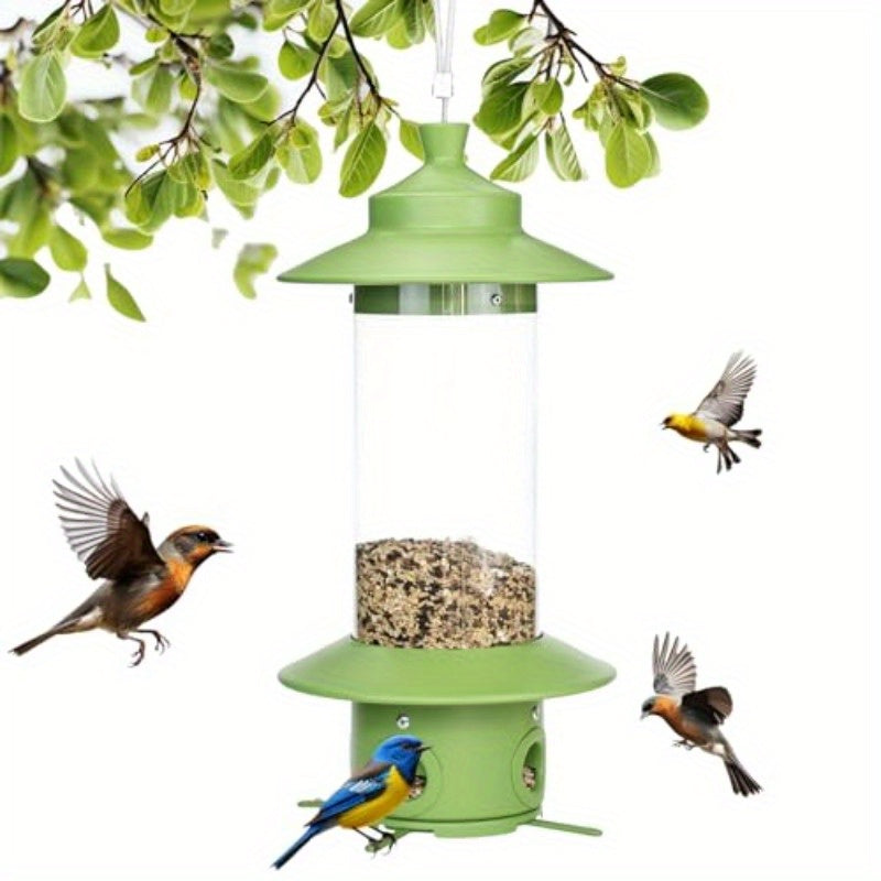 Weather-Resistant Light Green Squirrel Proof Bird Feeder for Outdoors, Hanging Metal Tube Feeders with 4.8lb Capacity and 4 Ports for Bluebird, Cardinal, Finch, and Jay, Bird Feeders Outdoors Squirrel Proof, Sloping Roof Desi