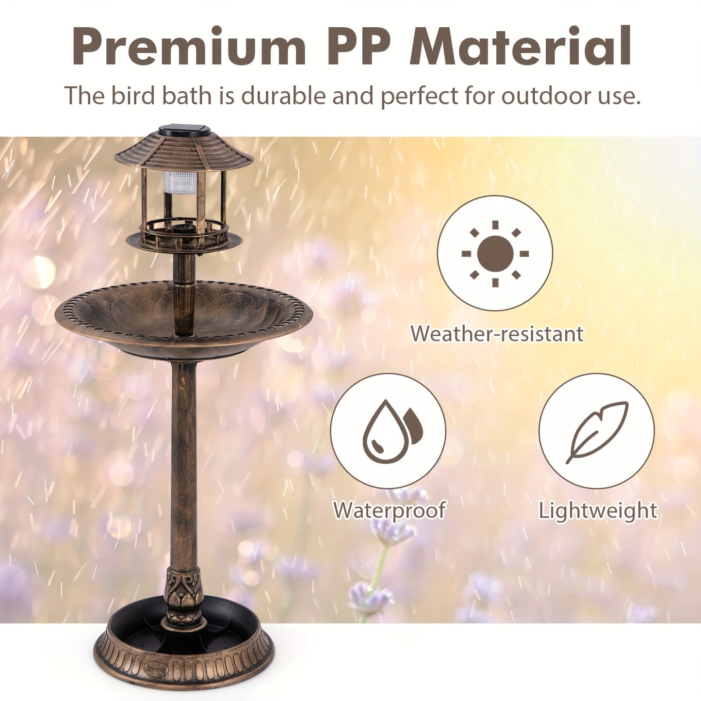 Costway Antique Bronze 3-in-1 Pedestal Bird Bath with Solar Light, Integrated Bird Feeder & Flower Planter, Sturdy PP Material, 20" W x 42" H, Includes Ground Stakes and Solar Panel