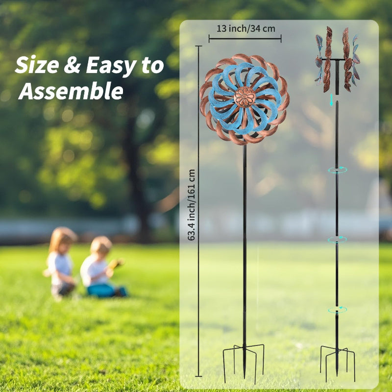 Extra Large 63.4" Metal Wind Spinner with Turquoise & Copper Blades - Elegant Outdoor Yard Decoration, Wind-Powered Motion, Sturdy Garden Stake Base, Durable Metal Construction for Patio, Lawn, Farmhouse, or Modern Home - Lar