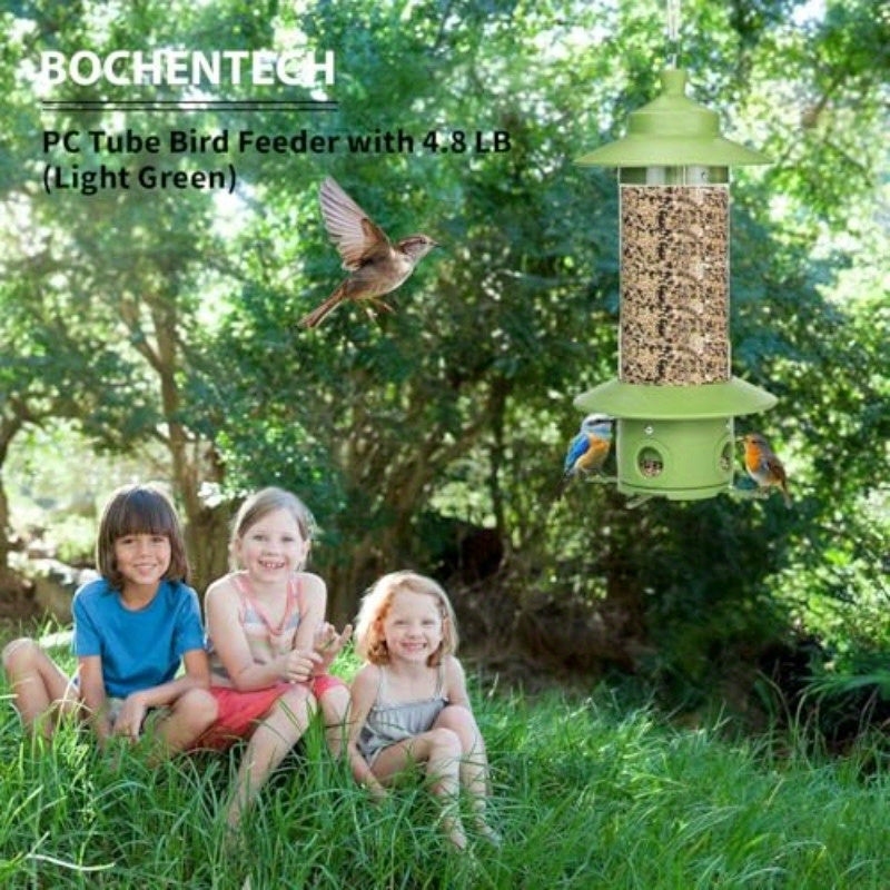 Weather-Resistant Light Green Squirrel Proof Bird Feeder for Outdoors, Hanging Metal Tube Feeders with 4.8lb Capacity and 4 Ports for Bluebird, Cardinal, Finch, and Jay, Bird Feeders Outdoors Squirrel Proof, Sloping Roof Desi