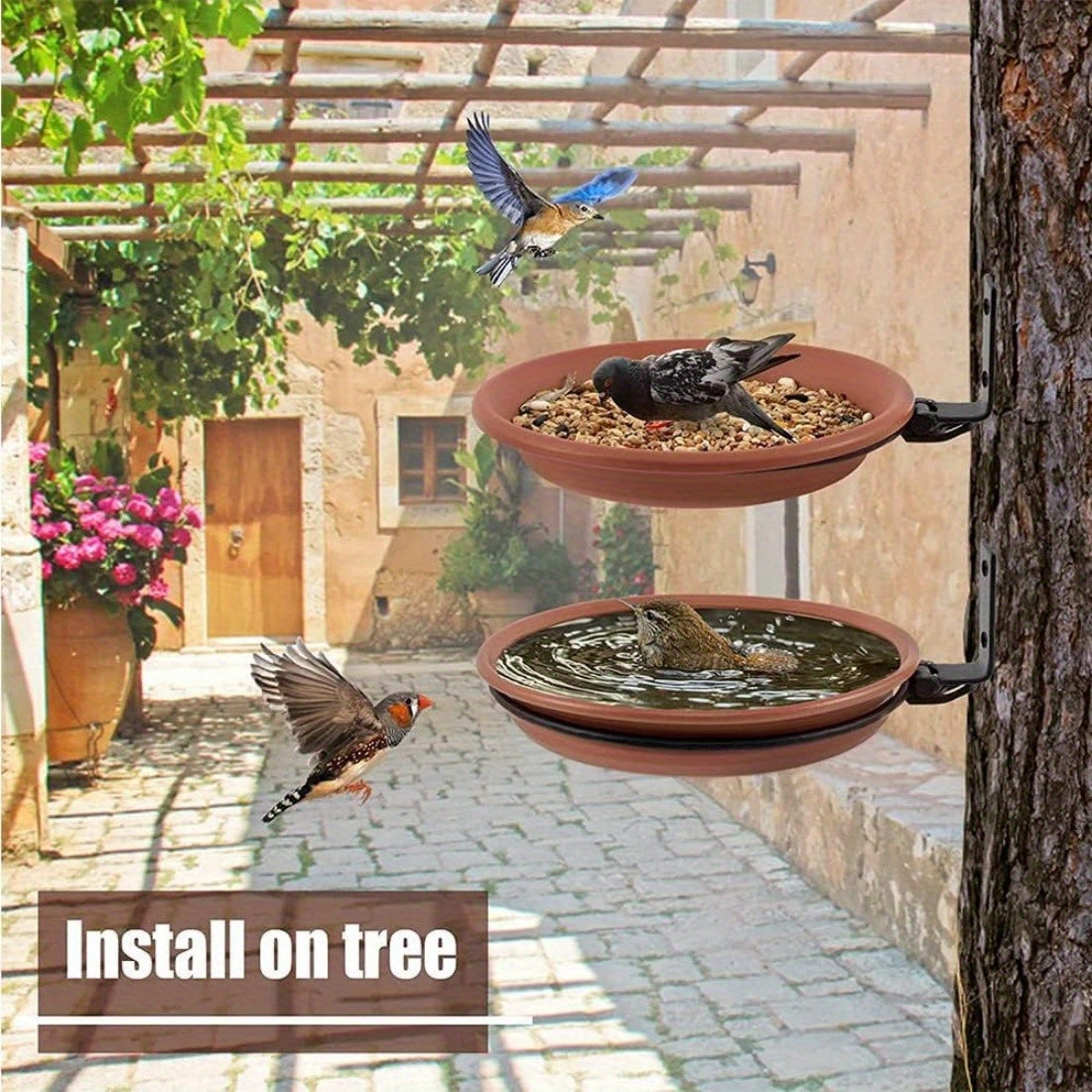 2 collapsible wall-mounted bird feeders, bird feeders and garden baths, fenced trays, deck trays to attract wild birds, tree-mounted bird water, balconies, outdoor walls
