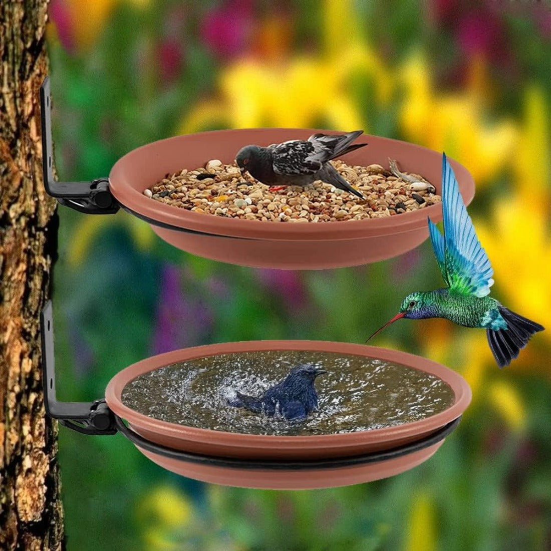 2 collapsible wall-mounted bird feeders, bird feeders and garden baths, fenced trays, deck trays to attract wild birds, tree-mounted bird water, balconies, outdoor walls