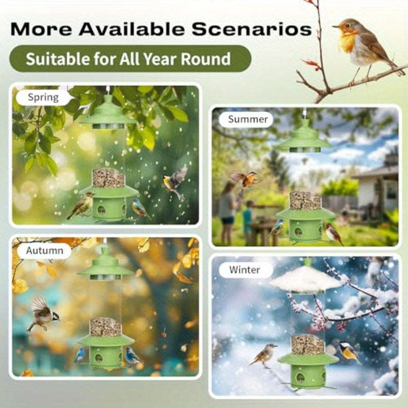 Weather-Resistant Light Green Squirrel Proof Bird Feeder for Outdoors, Hanging Metal Tube Feeders with 4.8lb Capacity and 4 Ports for Bluebird, Cardinal, Finch, and Jay, Bird Feeders Outdoors Squirrel Proof, Sloping Roof Desi