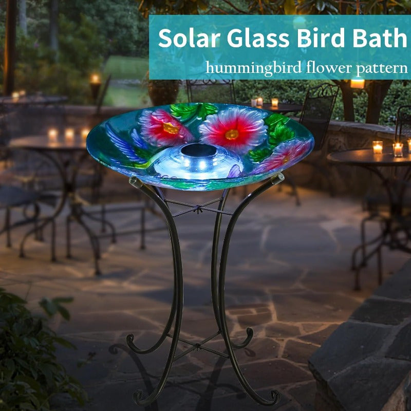 VCUTEKA Solar Birdbath Glass Bird Bath Outdoor with Metal Stand for Lawn Yard Garden Decor Hummingbird