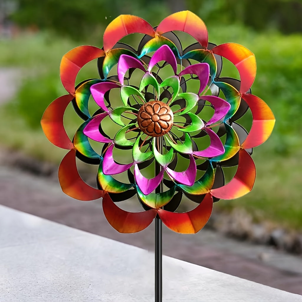 1pc Large Metal Wind Spinner - Floral Garden Decor with Vibrant Pink, Orange, Yellow, Green, Purple, Brown - Wind-Powered Spinner for Outdoor, Patio, Wedding, Party - No Electricity/Battery Needed - Durable Metal Construction