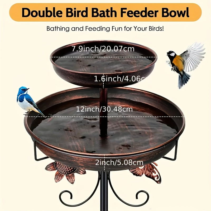 Large Capacity Double Layer Bird Bath Tub - Heavy-Duty Iron Construction, Rust-Proof Outdoor Garden Bird bath with Stable 5-Claw Base, All-Season Decoration for Attracting Birds, Easy to Install & Clean - Ideal for Patio, Yar