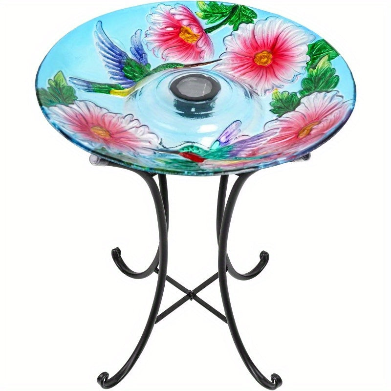 VCUTEKA Solar Birdbath Glass Bird Bath Outdoor with Metal Stand for Lawn Yard Garden Decor Hummingbird