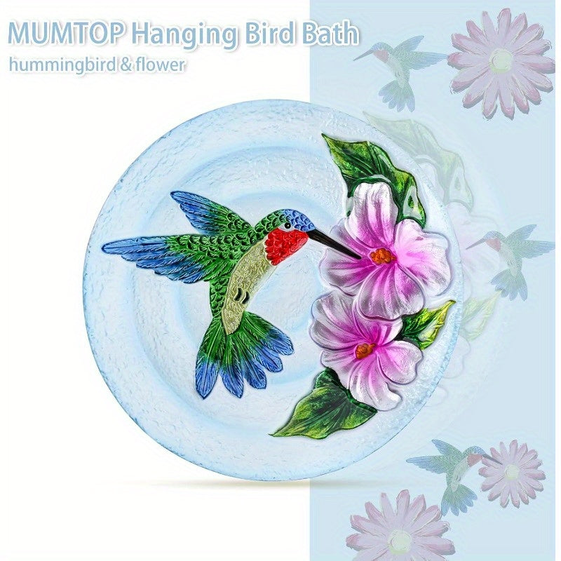 MUMTOP 11 Inch Outdoor Glass Hanging Bird Bath & Feeder Bowl - All-Weather Durable Hummingbird & Floral Design with Rust-Proof Chains, Non-Toxic Easy-Clean Glass, Spherical Shape for Stability - Attracts Hummingbirds & Garden