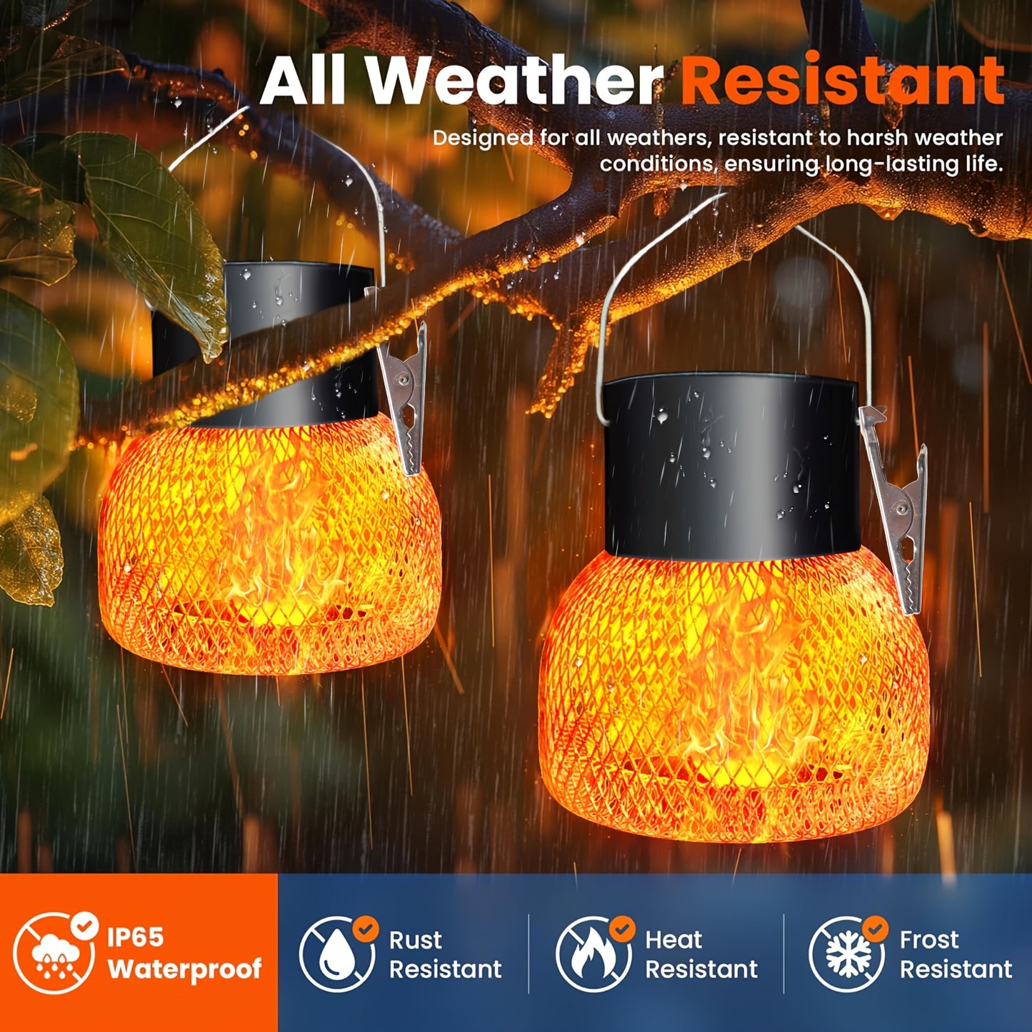 4 Pack Solar Flame Lanterns Outdoor Hanging Lights - Solar-Powered with Auto On/Off, IP65 Waterproof, No Wiring Needed, Black Metal Lanterns with Hanging Hooks for Garden, Patio, Party, Camping, BBQ - Warm Golden-Yellow Flame