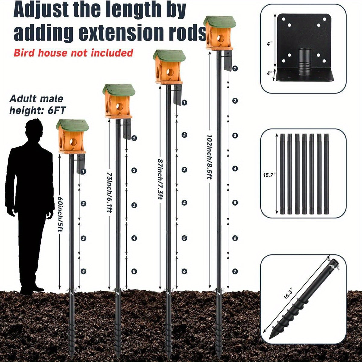 EUIJOIP 60" Heavy-Duty Adjustable Bird Feeder & House Pole - 1.2" Metal Tower with Auger Ground Stake, Mounting Bracket for Birdhouses, Feeders, Mailboxes - Tall Pole for Garden, Yard, Park (Bluebird/Hummingbird Compatible, B