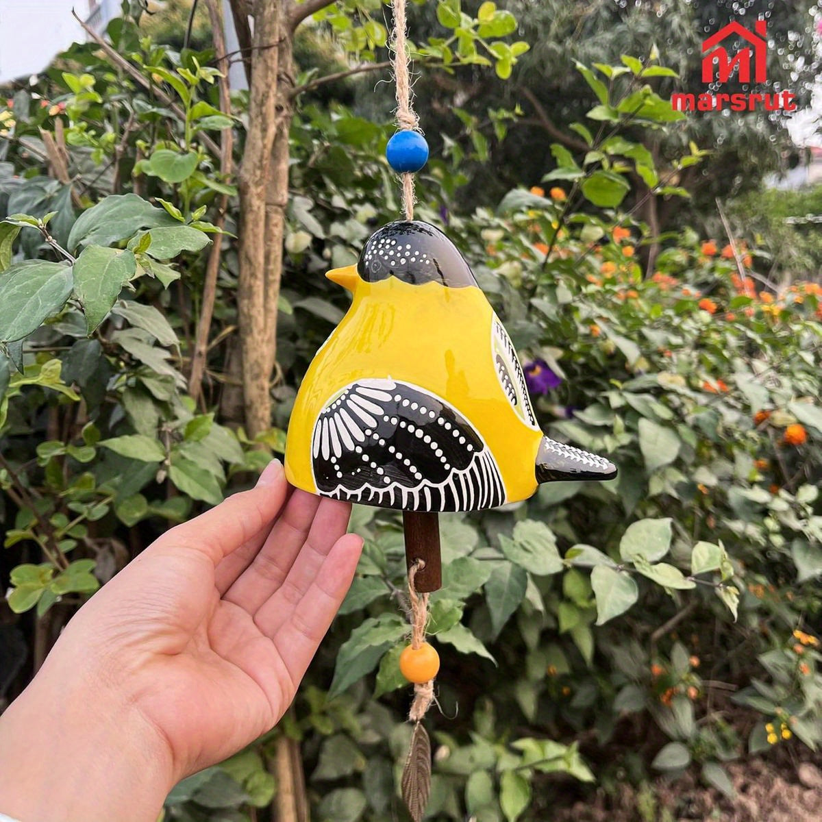 Ceramic Cardinal Bird Wind Chime with Soothing Melodies - Handmade Outdoor/Indoor Hanging Garden Decor, Rustic Yellow & Black Bird with Blue Beads & Leaf, Durable Ceramic, Musical Notes - Perfect for Porch, Backyard, Christma