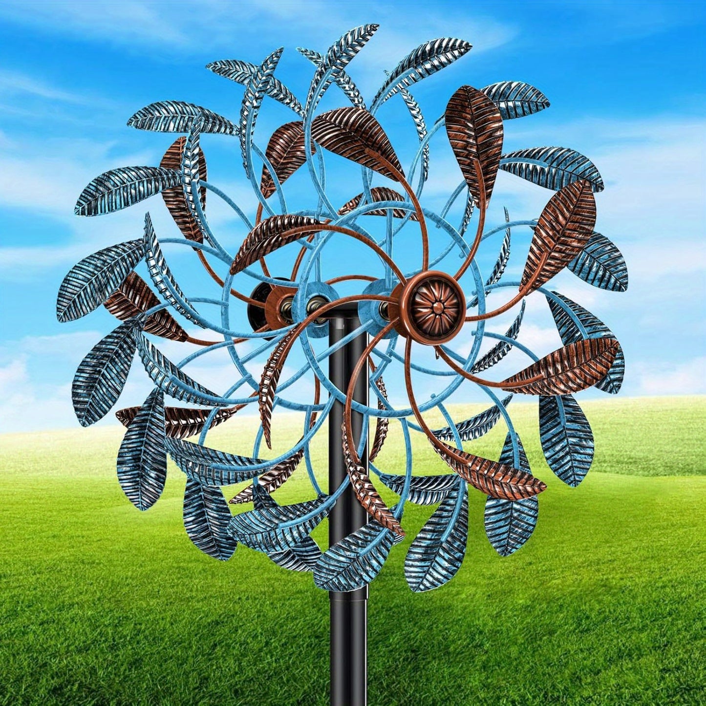Extra Large Kinetic Wind Spinner - Heavy-Duty Iron Construction, Turquoise & Brown Garden Decor - 360° Rotating Outdoor Yard Art with Sturdy Metal Stake - Large Pinwheel for Patio, Lawn, Farm - Wind-Powered Motion - Spinnin